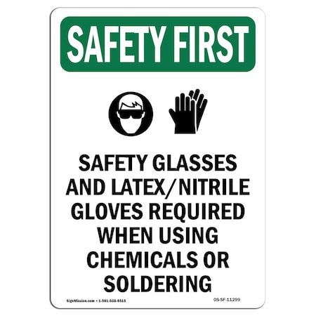 Signmission OSHA SAFETY FIRST Sign, Safety Glasses And W/ Symbol, 7in X 5in Decal, 5" W, 7" H, Portrait OS-SF-D-57-V-11299